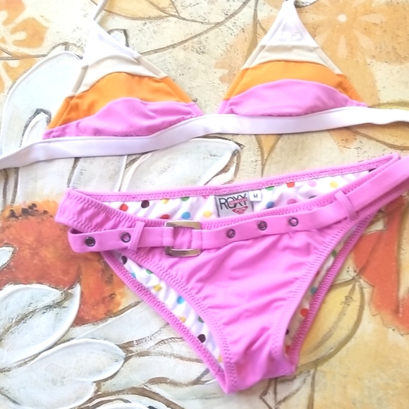 ROXY White Polkadots Lined Belted Boy Shorts Triangle Top Pinks 2 pc Bikini M - Picture 1 of 15